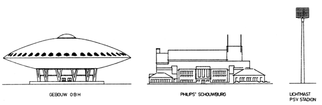 Een zijaanzicht van het Evoluon, op dezelfde schaal als de Philips Schouwburg en een lichtmast van het PSV stadion (1965).