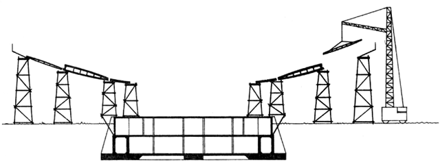 De elementen van de onderschaal worden met een hijskraan op steigerwerk geplaatst.